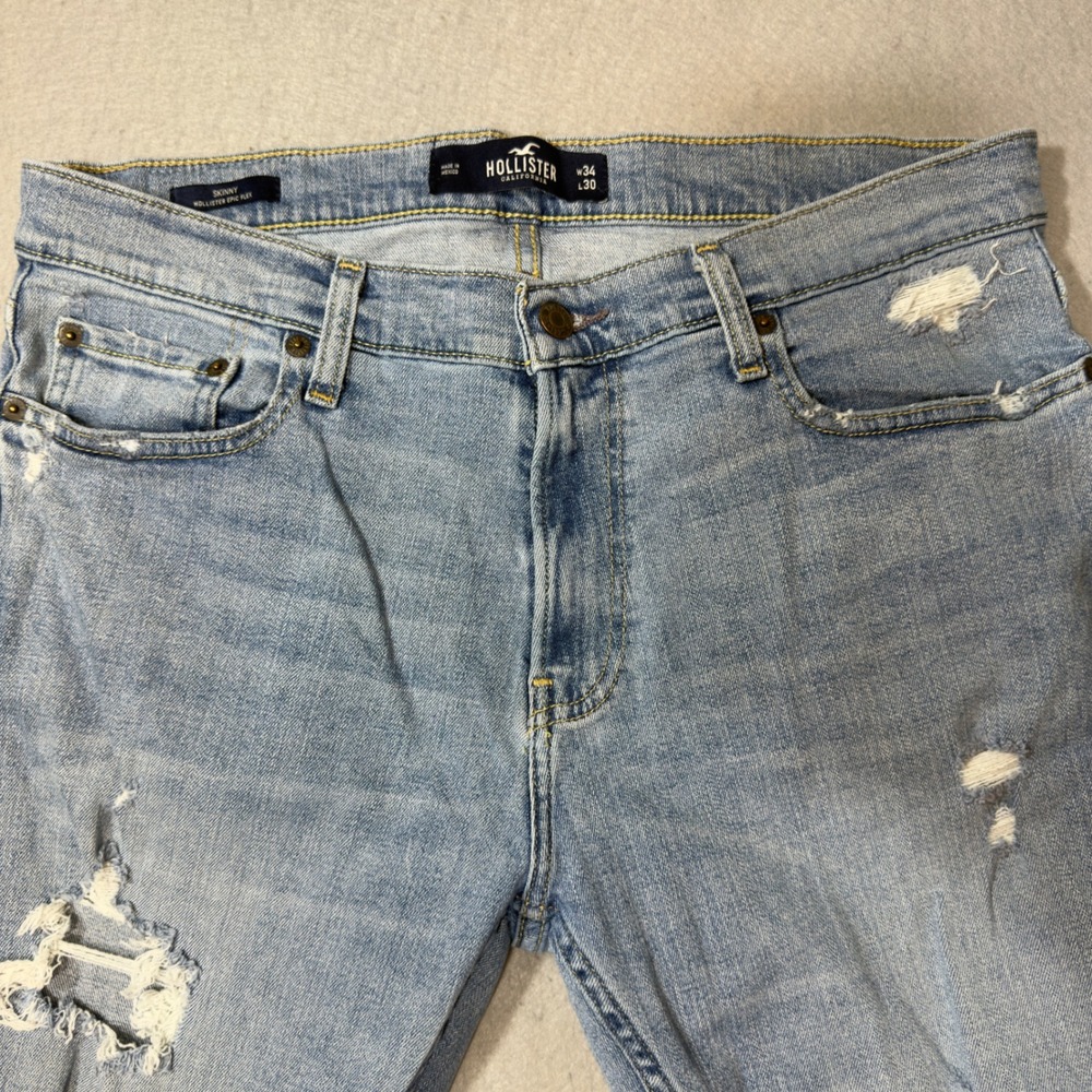 Hollister Skinny Epic Flex Distressed Light Wash Jeans Mens‎ 34x30 Blue Ripped
